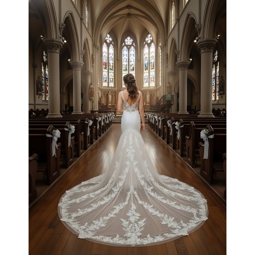 Mermaid Beaded Floral Lace Appliqued Tulle  Wedding Dress - MO-M3001