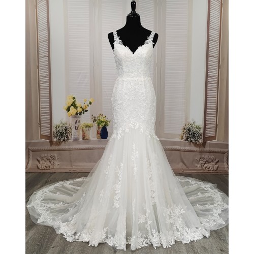 Mermaid Beaded Floral Lace Appliqued Tulle  Wedding Dress - MO-M3001