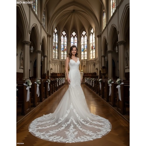 Mermaid Beaded Floral Lace Appliqued Tulle  Wedding Dress - MO-M3001