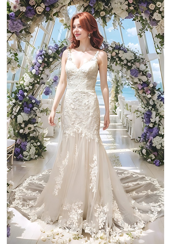 Mermaid Beaded Floral Lace Appliqued Tulle  Wedding Dress - MO-M3001