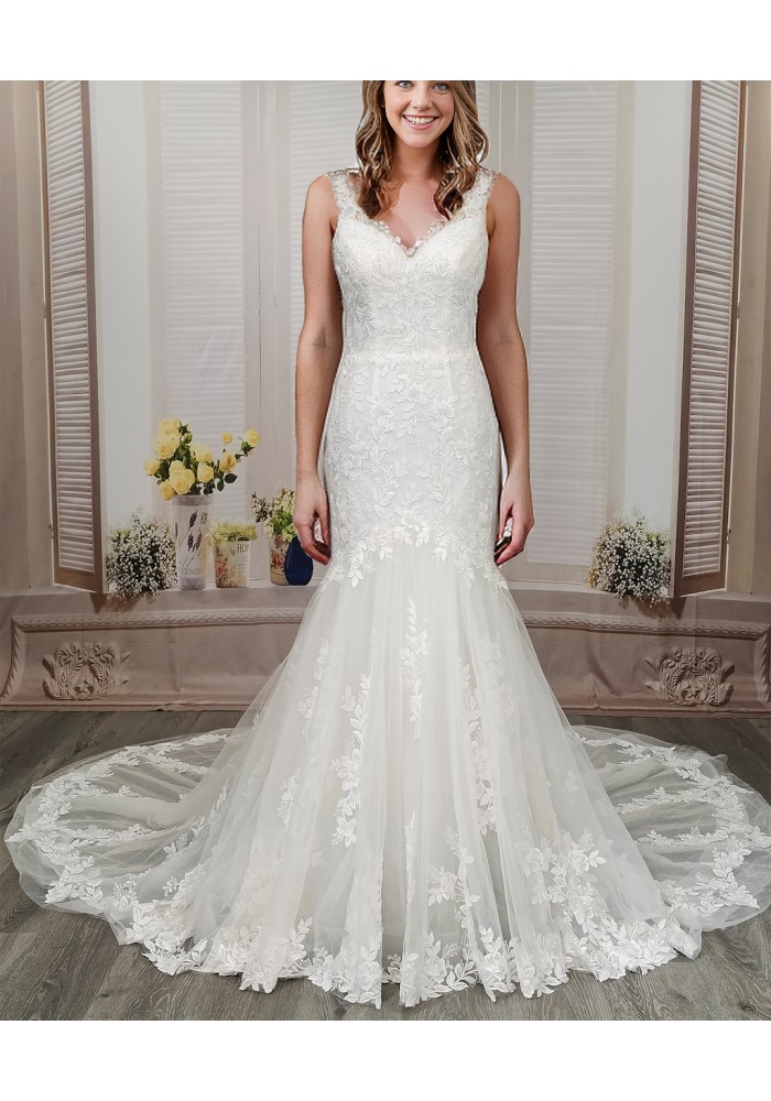 Mermaid Beaded Floral Lace Appliqued Tulle  Wedding Dress - MO-M3001