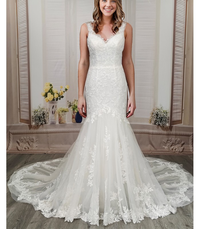 Mermaid Beaded Floral Lace Appliqued Tulle  Wedding Dress - MO-M3001