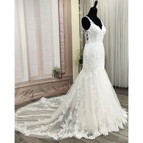 Mermaid Beaded Floral Lace Appliqued Tulle  Wedding Dress - MO-M3001