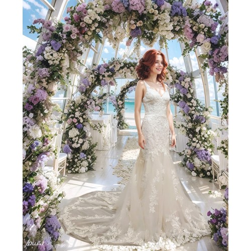 Mermaid Beaded Floral Lace Appliqued Tulle  Wedding Dress - MO-M3001