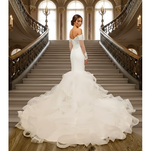Mermaid Tulle Off-Shoulder Ruffle Skirt with Detachable Finger Ring Sheer Long Sleeves Wedding Dress - MO-M4005