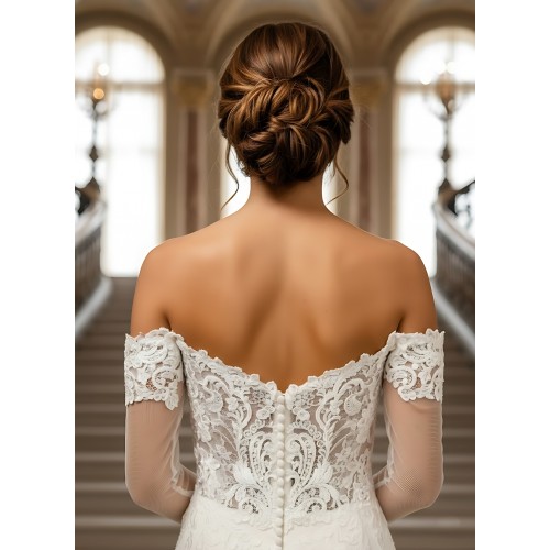 Mermaid Tulle Off-Shoulder Ruffle Skirt with Detachable Finger Ring Sheer Long Sleeves Wedding Dress - MO-M4005