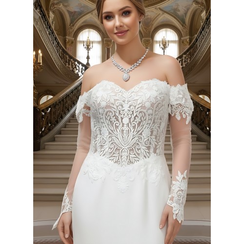 Mermaid Tulle Off-Shoulder Ruffle Skirt with Detachable Finger Ring Sheer Long Sleeves Wedding Dress - MO-M4005