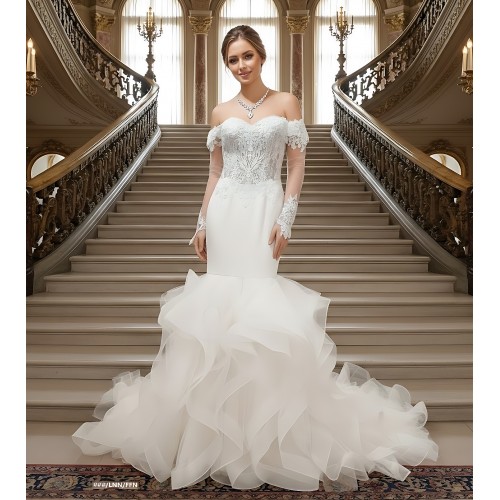 Mermaid Tulle Off-Shoulder Ruffle Skirt with Detachable Finger Ring Sheer Long Sleeves Wedding Dress - MO-M4005