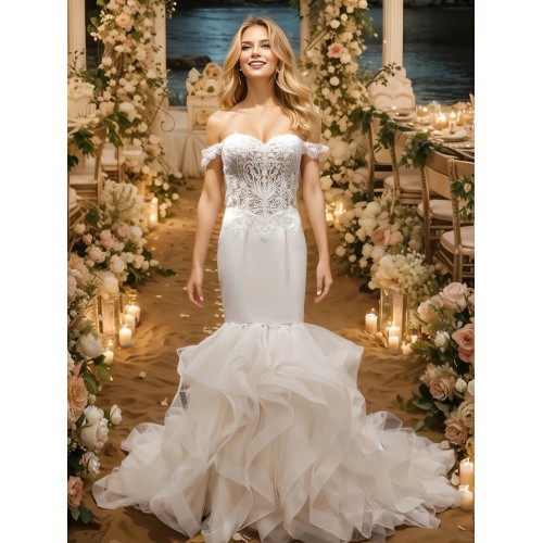 Mermaid Tulle Off-Shoulder Ruffle Skirt with Detachable Finger Ring Sheer Long Sleeves Wedding Dress - MO-M4005