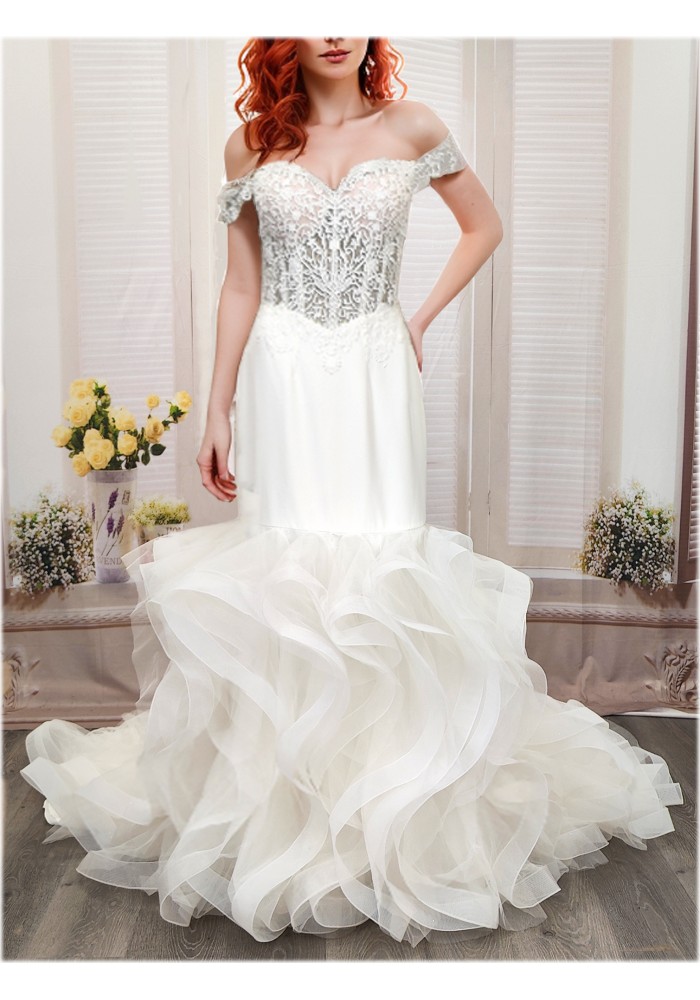 Mermaid Tulle Off-Shoulder Ruffle Skirt with Detachable Finger Ring Sheer Long Sleeves Wedding Dress - MO-M4005