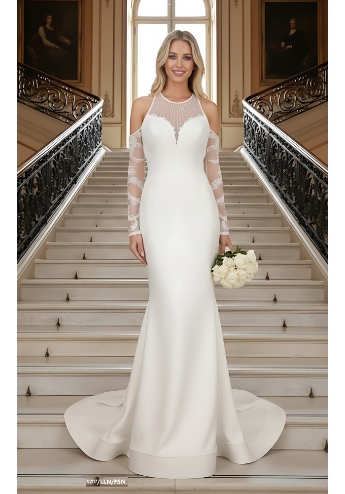 Mermaid Beaded Lace Appliqued Halter Off-Shoulder Sheer Lacy Long Sleeves  Wedding Dress - MO-M6003