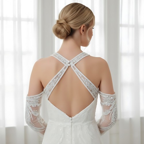 Mermaid Beaded Lace Appliqued Halter Off-Shoulder Sheer Lacy Long Sleeves  Wedding Dress - MO-M6003