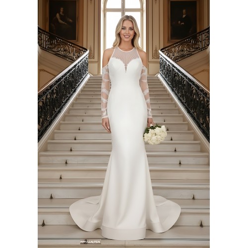 Mermaid Beaded Lace Appliqued Halter Off-Shoulder Sheer Lacy Long Sleeves  Wedding Dress - MO-M6003