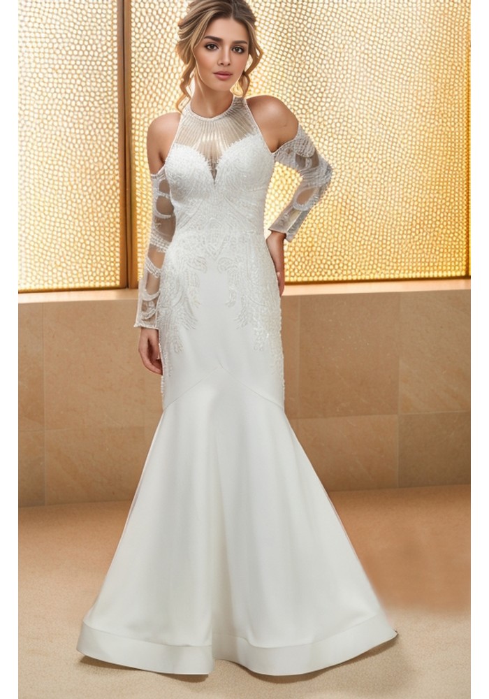 Mermaid Beaded Lace Appliqued Halter Off-Shoulder Sheer Lacy Long Sleeves  Wedding Dress - MO-M6003