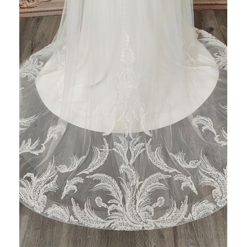 Mermaid Beaded Halter Neckline Off-Shoulder Sheer Long Sleeves  with Over Skirt Wedding Dress - MO-M6003OS