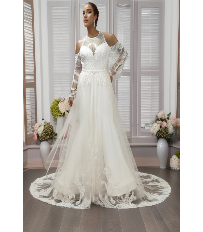 Mermaid Beaded Halter Neckline Off-Shoulder Sheer Long Sleeves  with Over Skirt Wedding Dress - MO-M6003OS