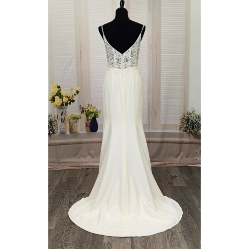 Sheath Crepe Beaded and Sequined Floral Lace Pleated Slit Skirt Wedding Dress - MO-S2001