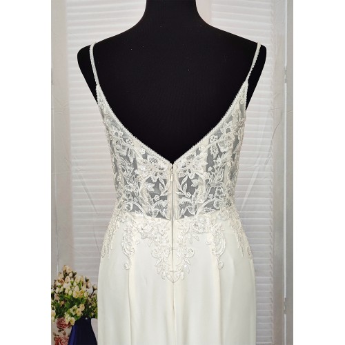 Sheath Crepe Beaded and Sequined Floral Lace Pleated Slit Skirt Wedding Dress - MO-S2001