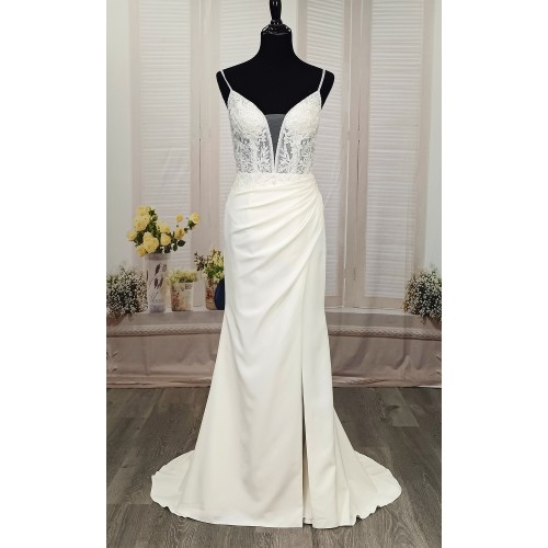 Sheath Crepe Beaded and Sequined Floral Lace Pleated Slit Skirt Wedding Dress - MO-S2001