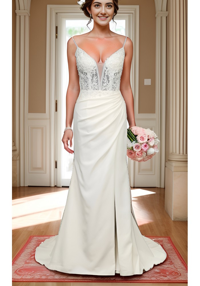 Sheath Crepe Beaded and Sequined Floral Lace Pleated Slit Skirt Wedding Dress - MO-S2001