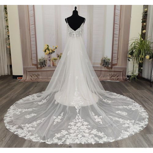 Sheath Crepe Beaded and Sequined Floral Lace Pleated Slit Skirt with Detachable Lacy Cape Wedding Dress - MO-S2001CP