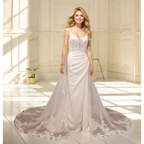 Sheath Crepe Beaded and Sequined Floral Lace Pleated Slit Skirt Wedding Dress - MO-S2001