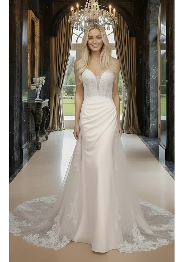 Sheath Crepe Beaded and Sequined Floral Lace Pleated Slit Skirt with Detachable Lacy Cape Wedding Dress - MO-S2001CP