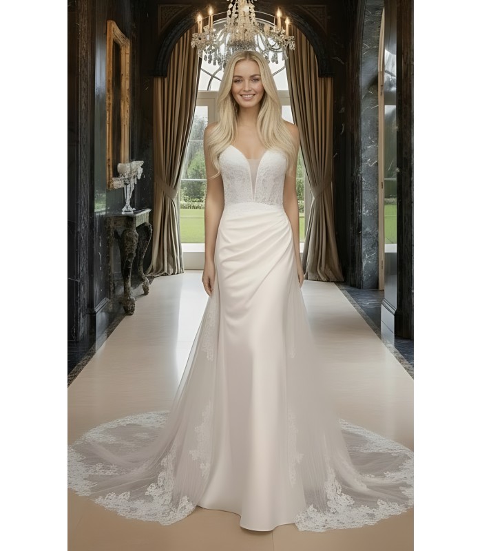 Sheath Crepe Beaded and Sequined Floral Lace Pleated Slit Skirt with Detachable Lacy Cape Wedding Dress - MO-S2001CP