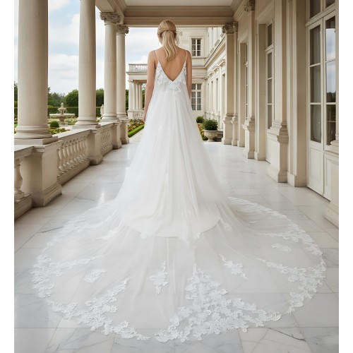 Sheath Crepe Beaded and Sequined Floral Lace Pleated Slit Skirt with Detachable Lacy Cape Wedding Dress - MO-S2001CP