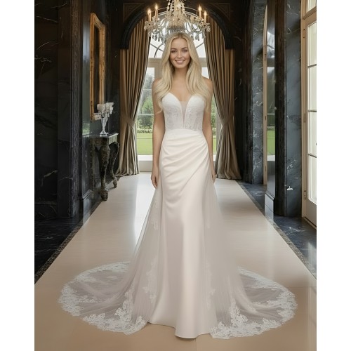 Sheath Crepe Beaded and Sequined Floral Lace Pleated Slit Skirt with Detachable Lacy Cape Wedding Dress - MO-S2001CP