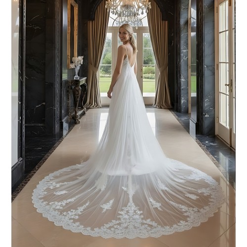 Sheath Crepe Beaded and Sequined Floral Lace Pleated Slit Skirt with Detachable Lacy Cape Wedding Dress - MO-S2001CP