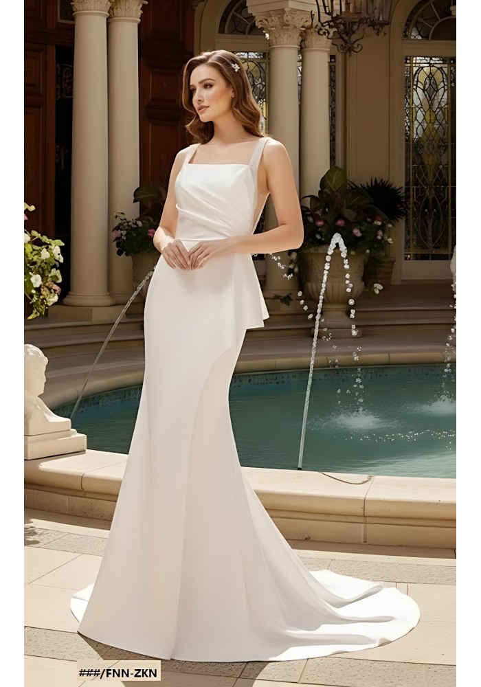 Fitted N Flare Satin Square Neckline Ruffle Slit Skirt Wedding Dress - MO-S2002