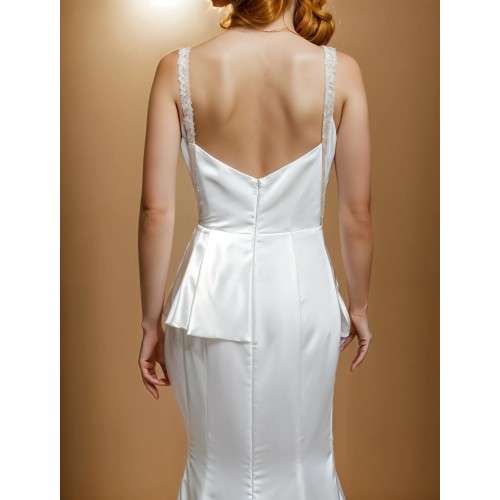 Fitted N Flare Satin Square Neckline Ruffle Slit Skirt Wedding Dress - MO-S2002