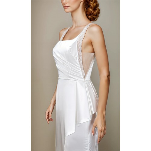 Fitted N Flare Satin Square Neckline Ruffle Slit Skirt Wedding Dress - MO-S2002