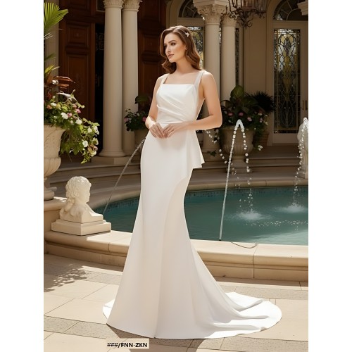 Fitted N Flare Satin Square Neckline Ruffle Slit Skirt Wedding Dress - MO-S2002