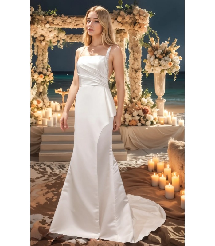 Fitted N Flare Satin Square Neckline Ruffle Slit Skirt Wedding Dress - MO-S2002