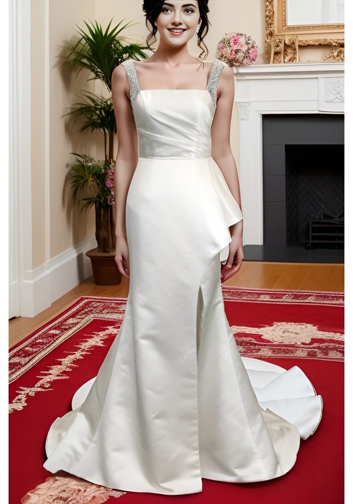 Fitted N Flare Satin Square Neckline Ruffle Slit Skirt Wedding Dress - MO-S2002