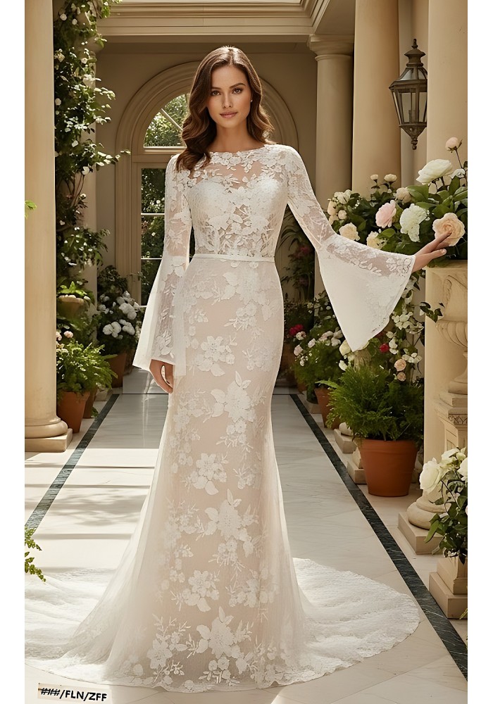Sheath Sequined Floral Lace Bell Long Sleeves Boho Wedding Dress - MO-S6001-A