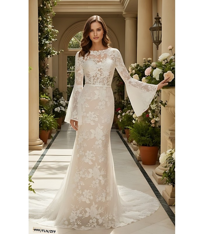 Sheath Sequined Floral Lace Bell Long Sleeves Boho Wedding Dress - MO-S6001-A