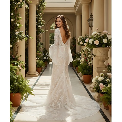 Sheath Sequined Floral Lace Bell Long Sleeves Boho Wedding Dress - MO-S6001-A