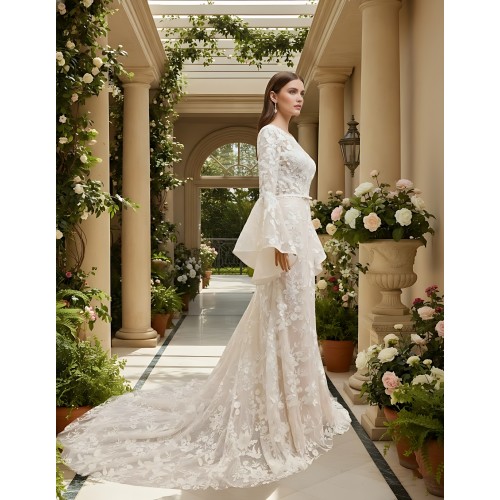 Sheath Sequined Floral Lace Bell Long Sleeves Boho Wedding Dress - MO-S6001-A