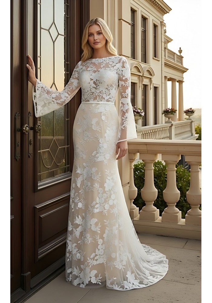Sheath Sequined Floral Lace Bell Long Sleeves Boho Wedding Dress - MO-S6001