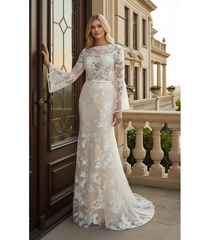 Sheath Sequined Floral Lace Bell Long Sleeves Boho Wedding Dress - MO-S6001