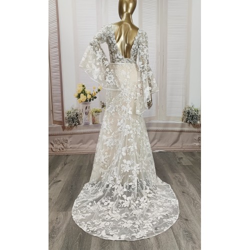 Sheath Sequined Floral Lace Bell Long Sleeves Boho Wedding Dress - MO-S6001