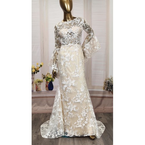 Sheath Sequined Floral Lace Bell Long Sleeves Boho Wedding Dress - MO-S6001