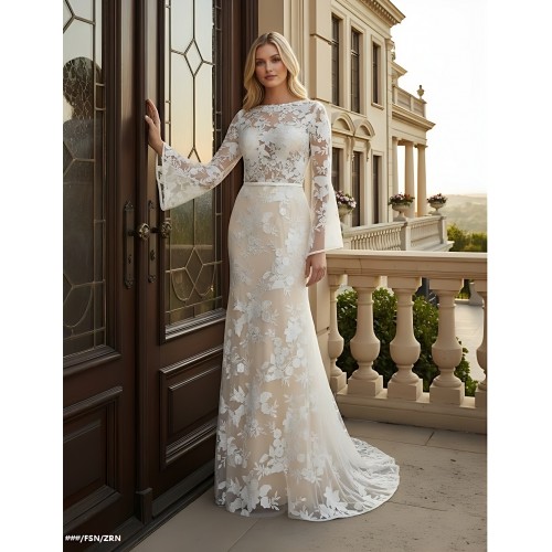 Sheath Sequined Floral Lace Bell Long Sleeves Boho Wedding Dress - MO-S6001