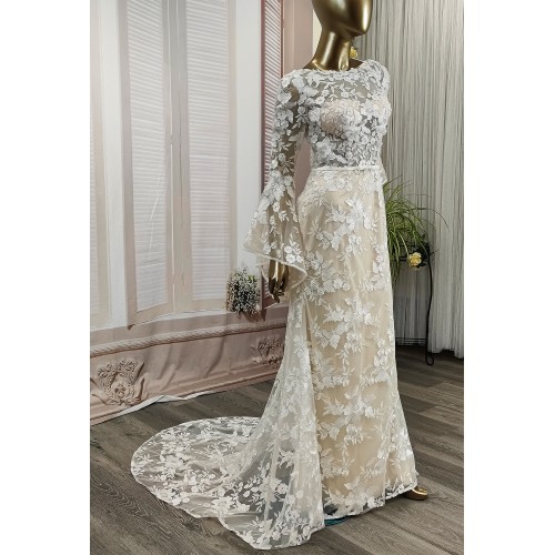 Sheath Sequined Floral Lace Bell Long Sleeves Boho Wedding Dress - MO-S6001