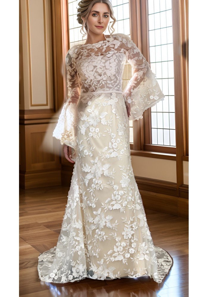 Sheath Sequined Floral Lace Bell Long Sleeves Boho Wedding Dress - MO-S6001