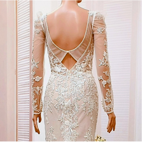Sheath Sequined Floral Lace Cut-Out Bodice with Sheer Leg-of-Mutton Long Sleeves Wedding Dress - MO-S6002