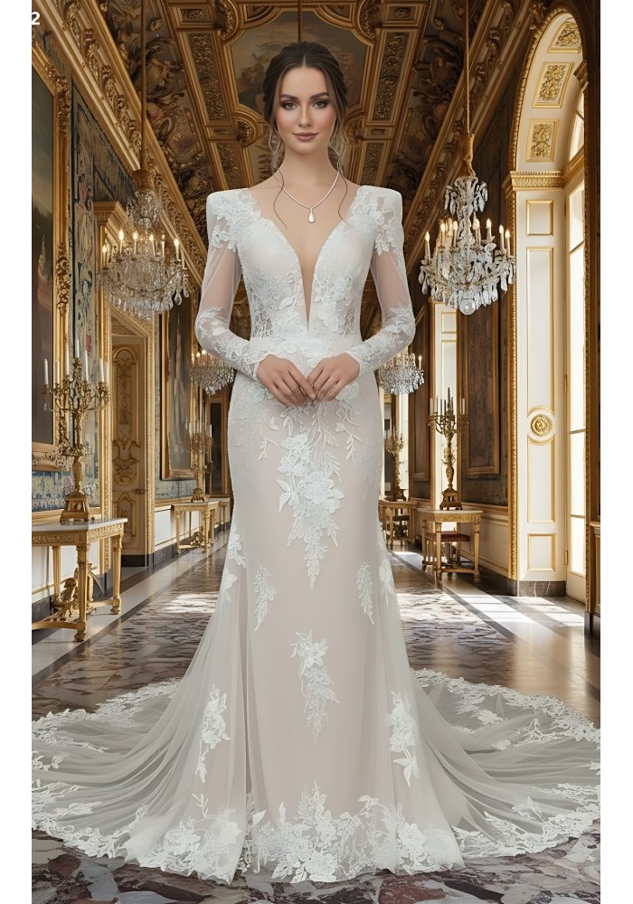 Sheath Sequined Floral Lace Cut-Out Bodice with Sheer Leg-of-Mutton Long Sleeves Wedding Dress - MO-S6002